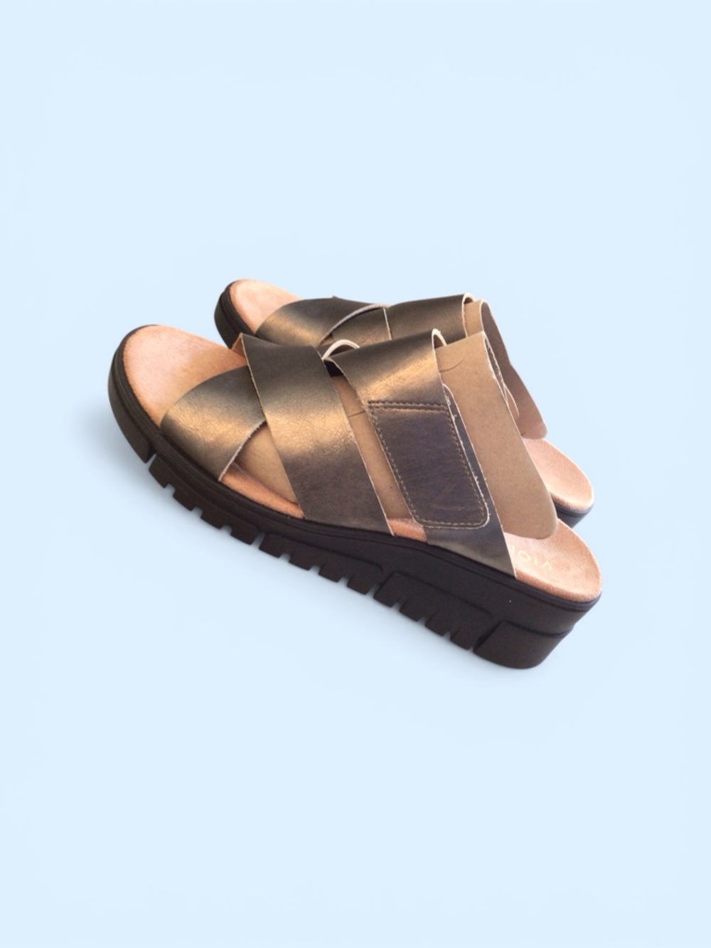 Vionic Bronze Metallic Crossover Platform Slide Sandals